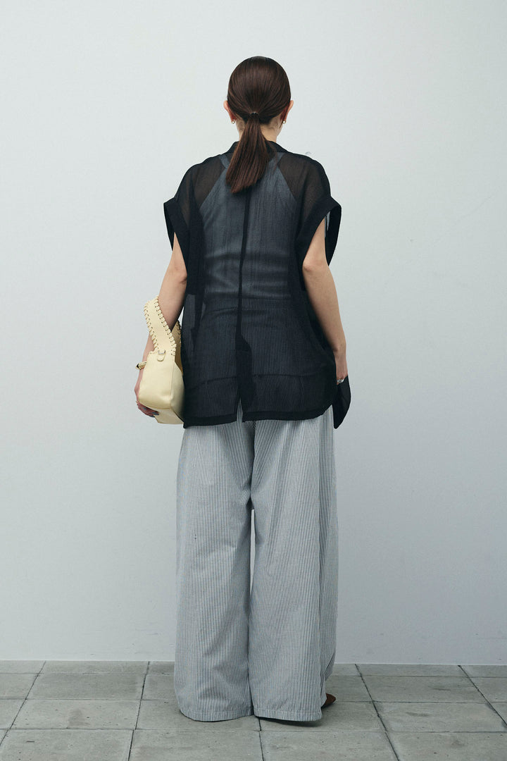 [予約/SET]ラメワッシャーダブルジレ+カップ付きホルターネックタンク+ウエスト巻きストライプワイドパンツ(3set)