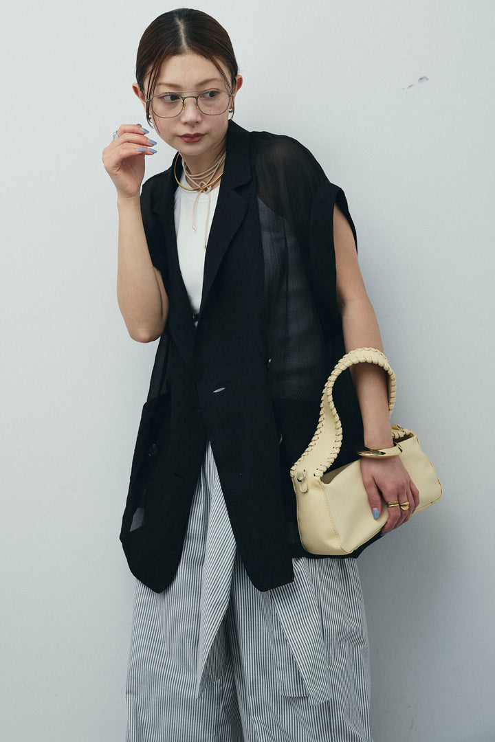 [予約/SET]ラメワッシャーダブルジレ+カップ付きホルターネックタンク+ウエスト巻きストライプワイドパンツ(3set)