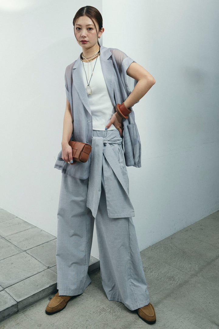 [予約/SET]ラメワッシャーダブルジレ+ウエスト巻きストライプワイドパンツ(2set)