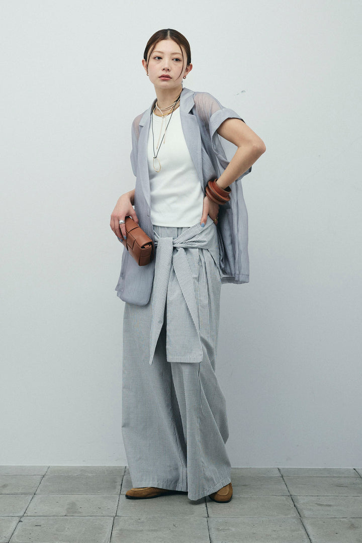 [予約/SET]ラメワッシャーダブルジレ+ウエスト巻きストライプワイドパンツ(2set)