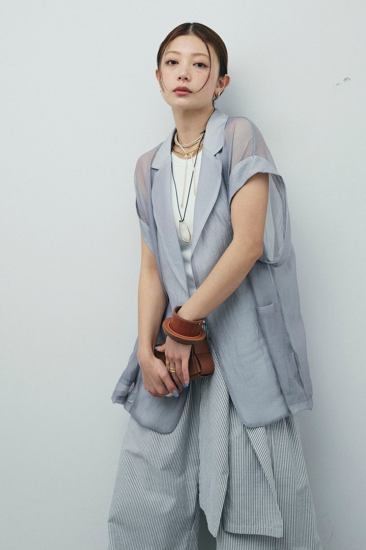 [予約/SET]ラメワッシャーダブルジレ+ウエスト巻きストライプワイドパンツ(2set)