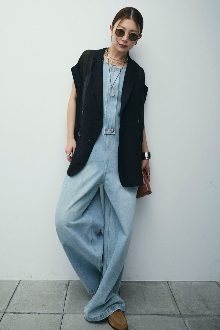 [予約/SET]ラメワッシャーダブルジレ+フロントジップアメスリデニムオールインワン(2set)