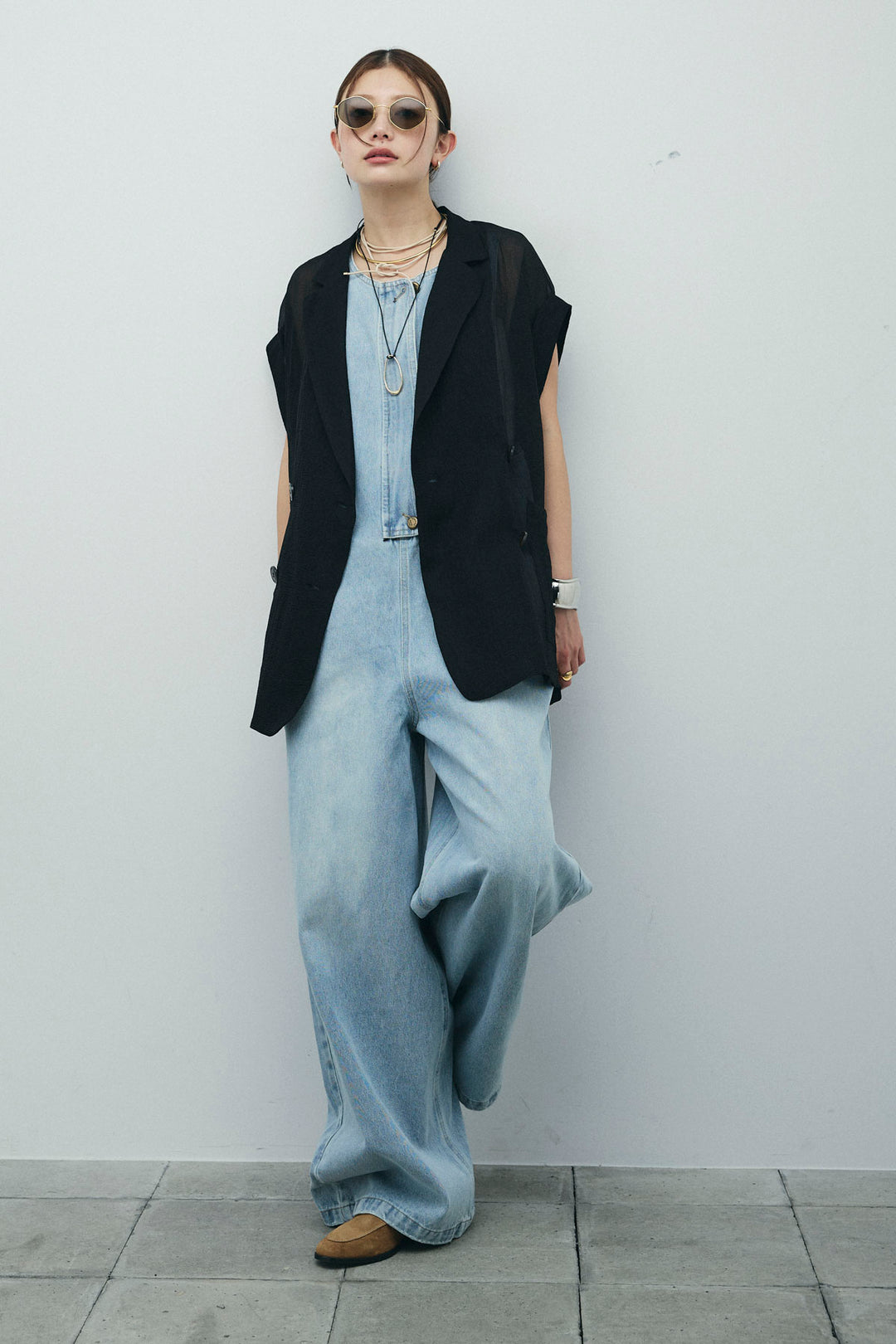 [予約/SET]ラメワッシャーダブルジレ+フロントジップアメスリデニムオールインワン(2set)