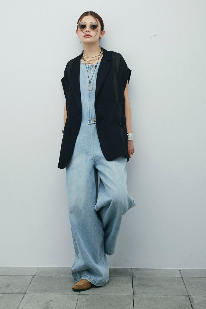 [予約/SET]ラメワッシャーダブルジレ+フロントジップアメスリデニムオールインワン(2set)