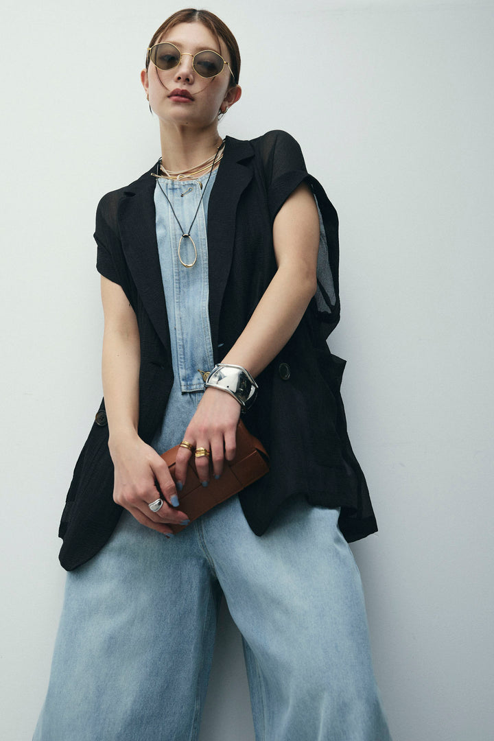 [予約/SET]ラメワッシャーダブルジレ+フロントジップアメスリデニムオールインワン(2set)