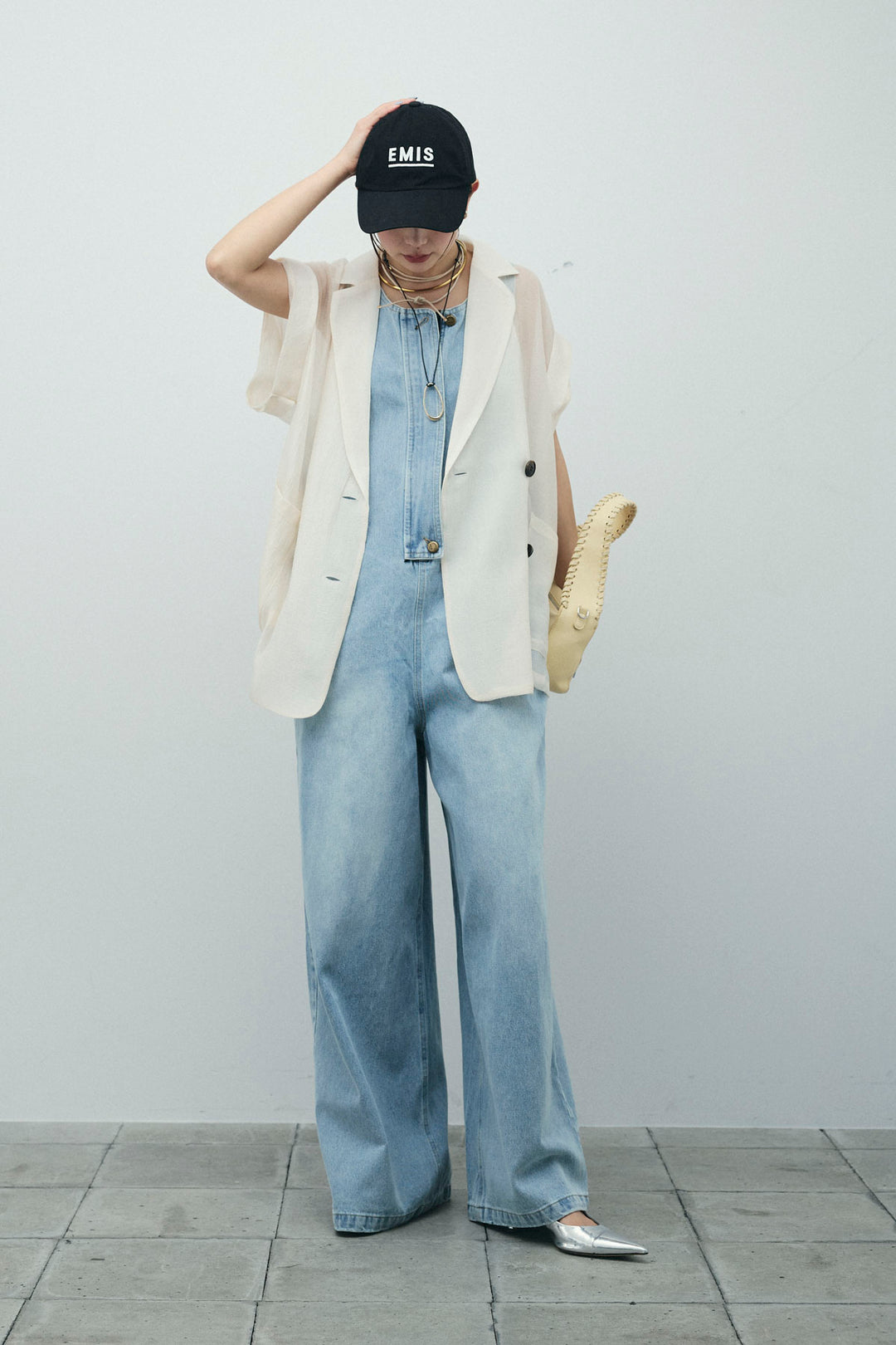 [予約/SET]ラメワッシャーダブルジレ+フロントジップアメスリデニムオールインワン(2set)