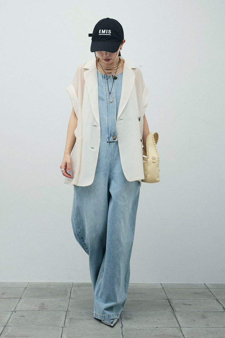 [予約/SET]ラメワッシャーダブルジレ+フロントジップアメスリデニムオールインワン(2set)