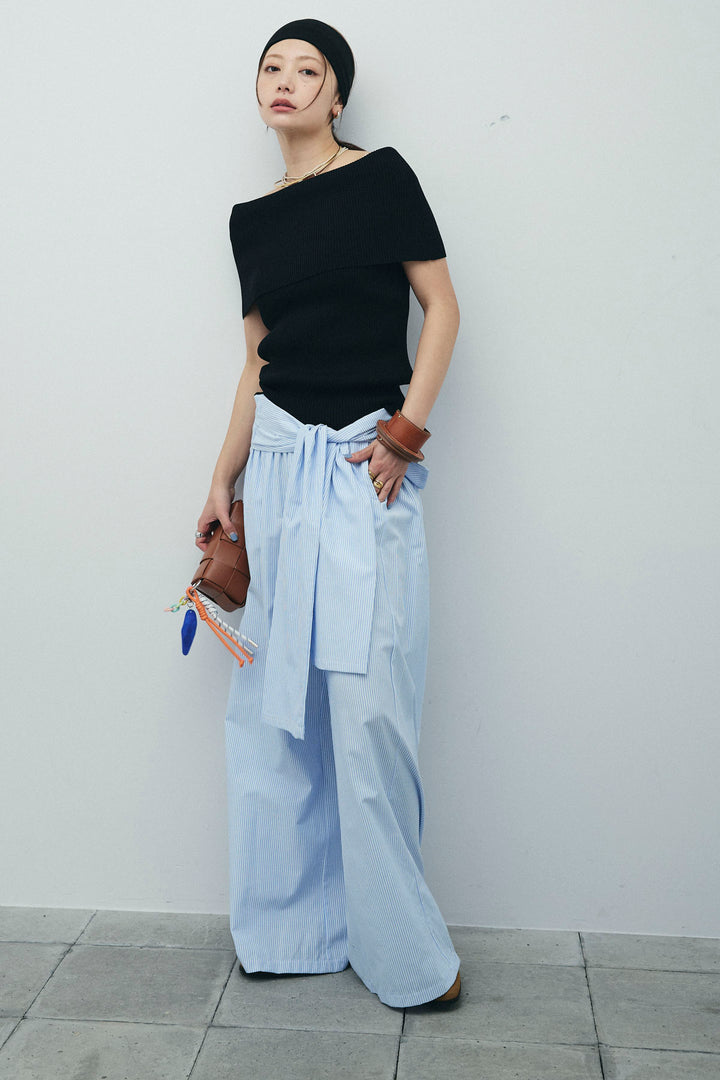 [予約/SET]リブオフショルプルオーバー+ウエスト巻きストライプワイドパンツ(2set)