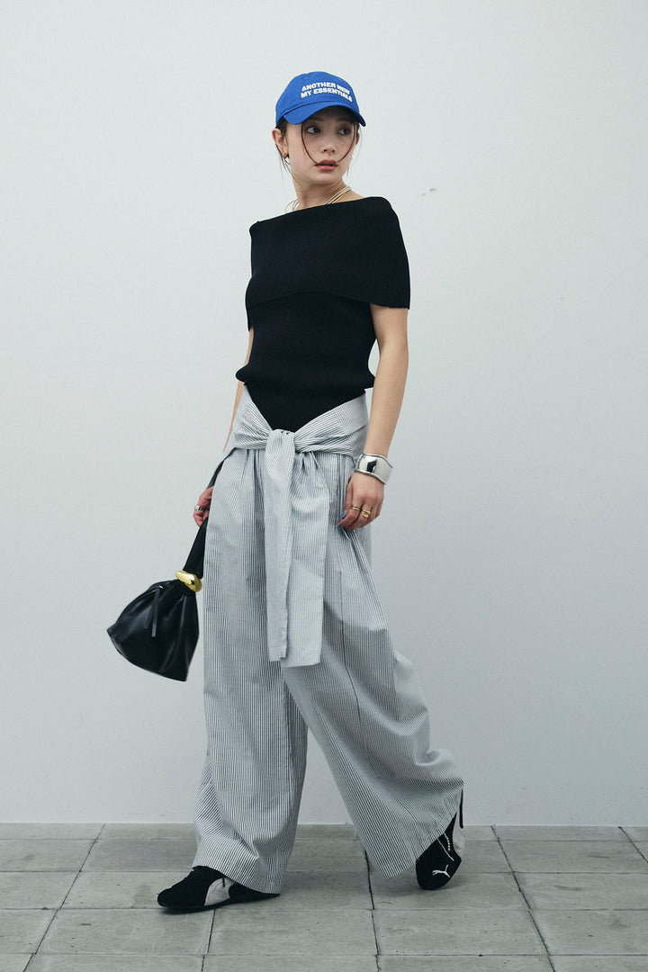 [予約/SET]リブオフショルプルオーバー+ウエスト巻きストライプワイドパンツ(2set)