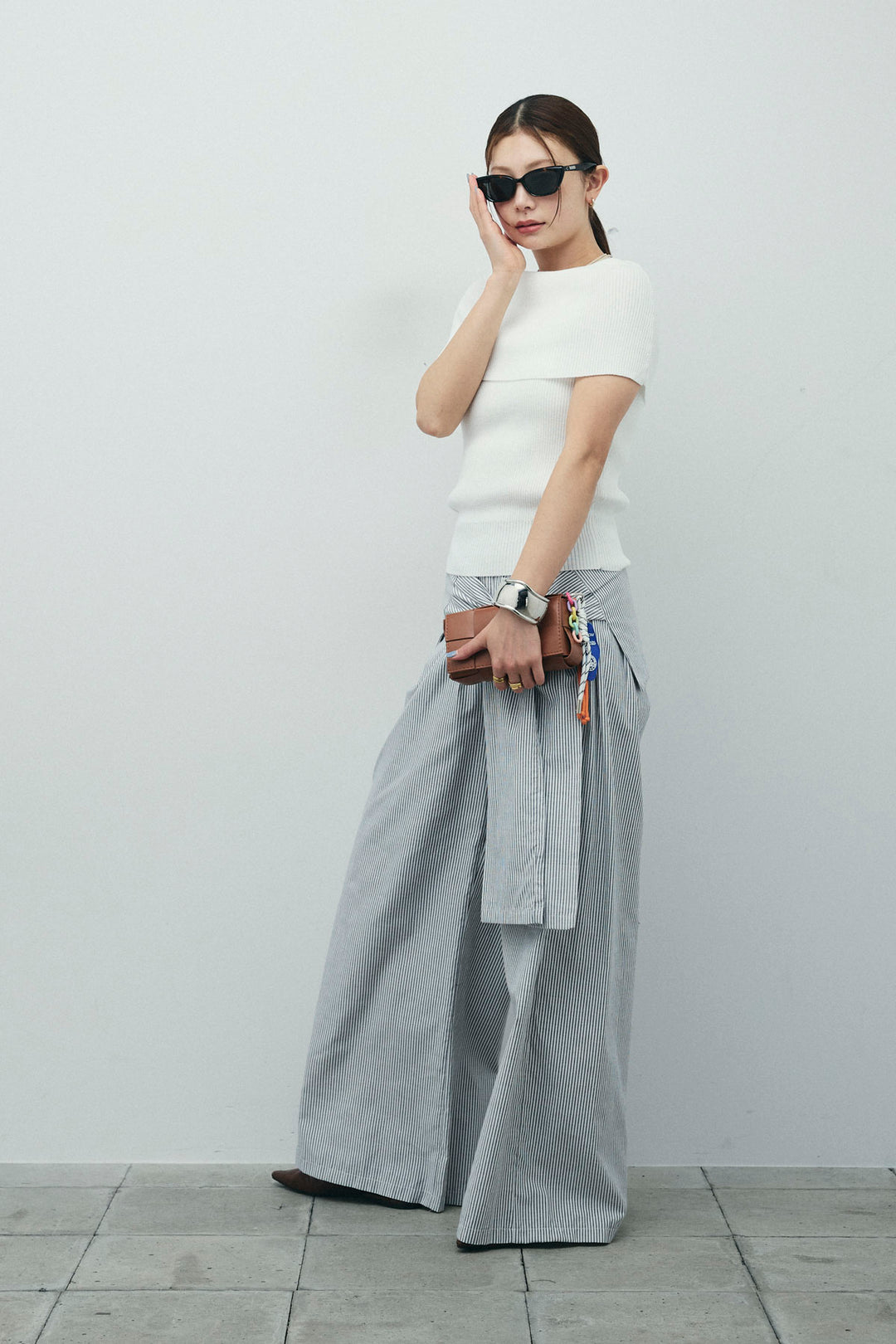 [予約/SET]リブオフショルプルオーバー+ウエスト巻きストライプワイドパンツ(2set)