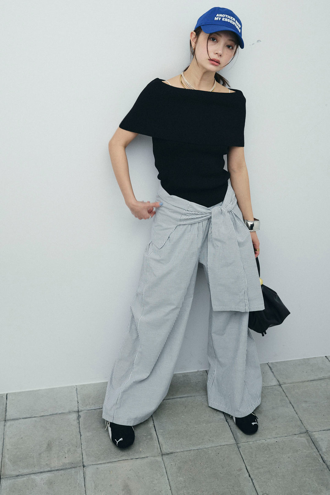 [予約/SET]リブオフショルプルオーバー+ウエスト巻きストライプワイドパンツ(2set)