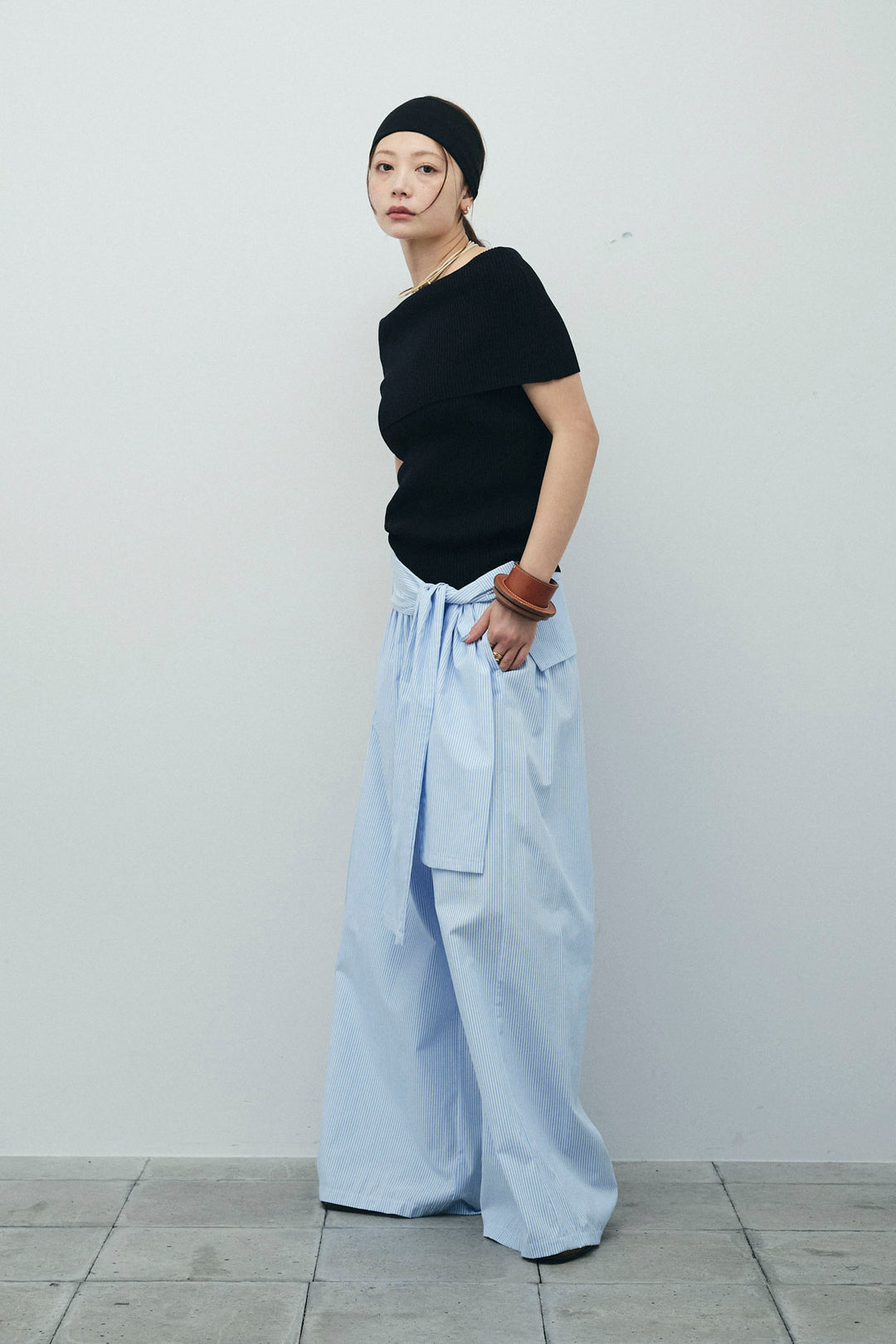 [予約/SET]リブオフショルプルオーバー+ウエスト巻きストライプワイドパンツ(2set)