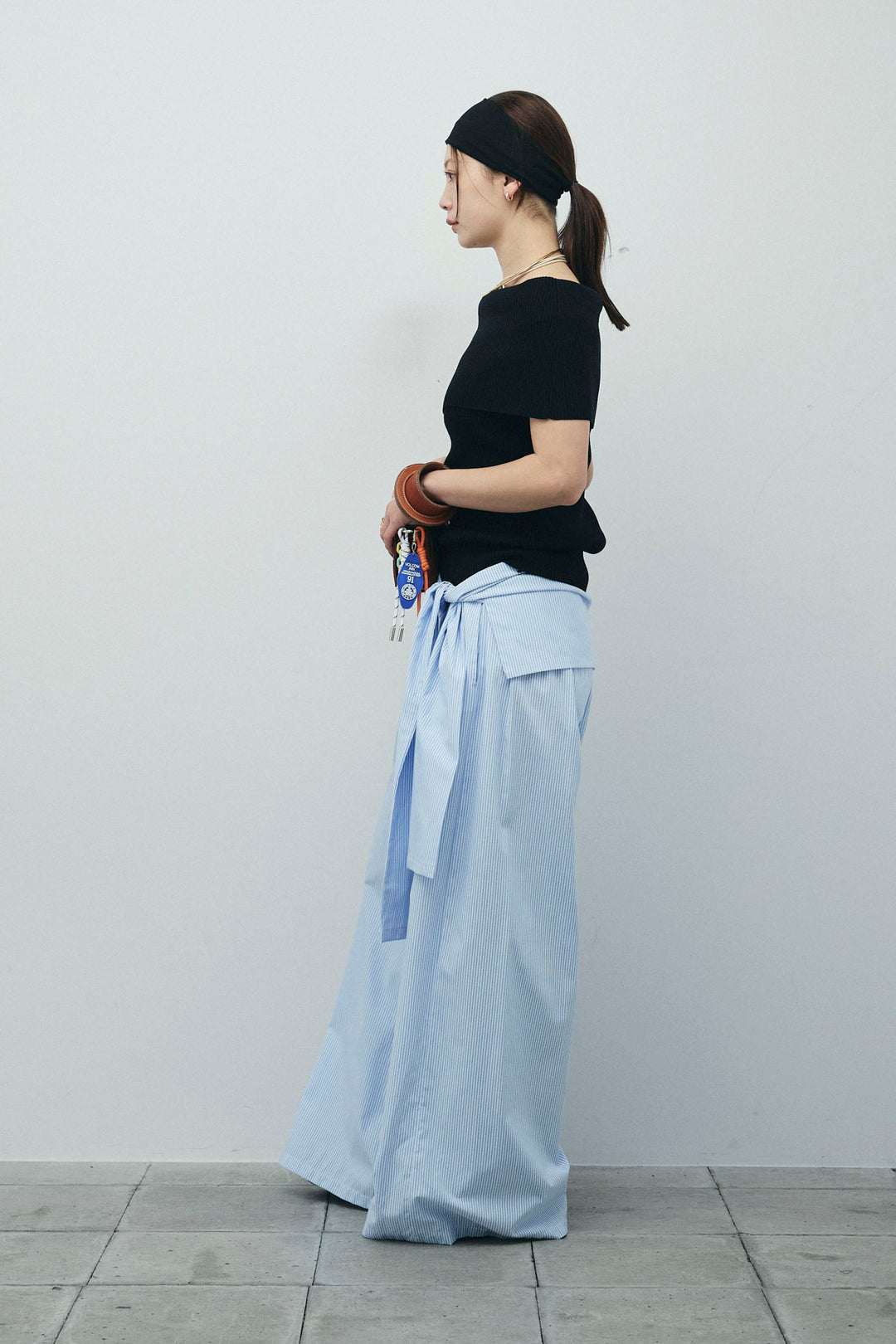 [予約/SET]リブオフショルプルオーバー+ウエスト巻きストライプワイドパンツ(2set)