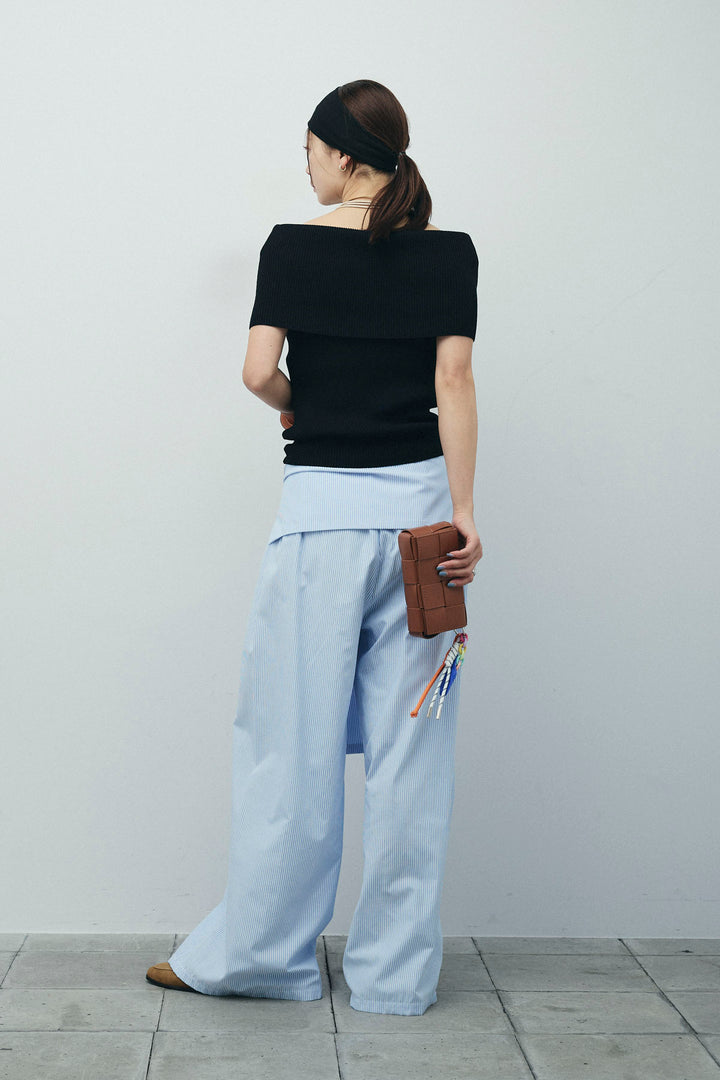 [予約/SET]リブオフショルプルオーバー+ウエスト巻きストライプワイドパンツ(2set)