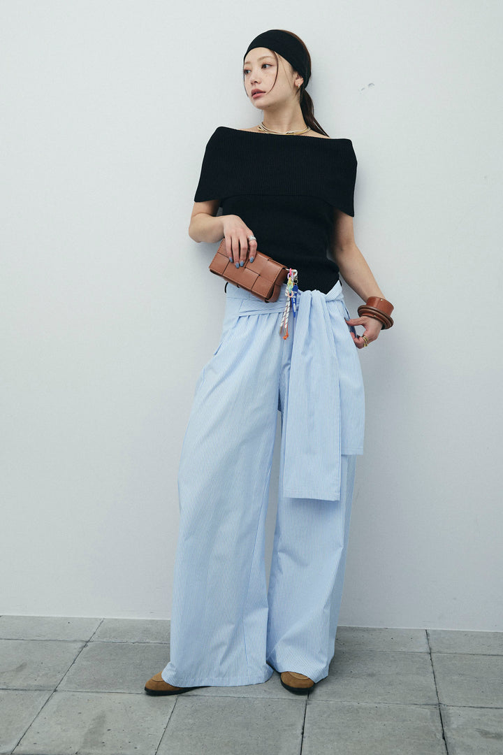 [予約/SET]リブオフショルプルオーバー+ウエスト巻きストライプワイドパンツ(2set)