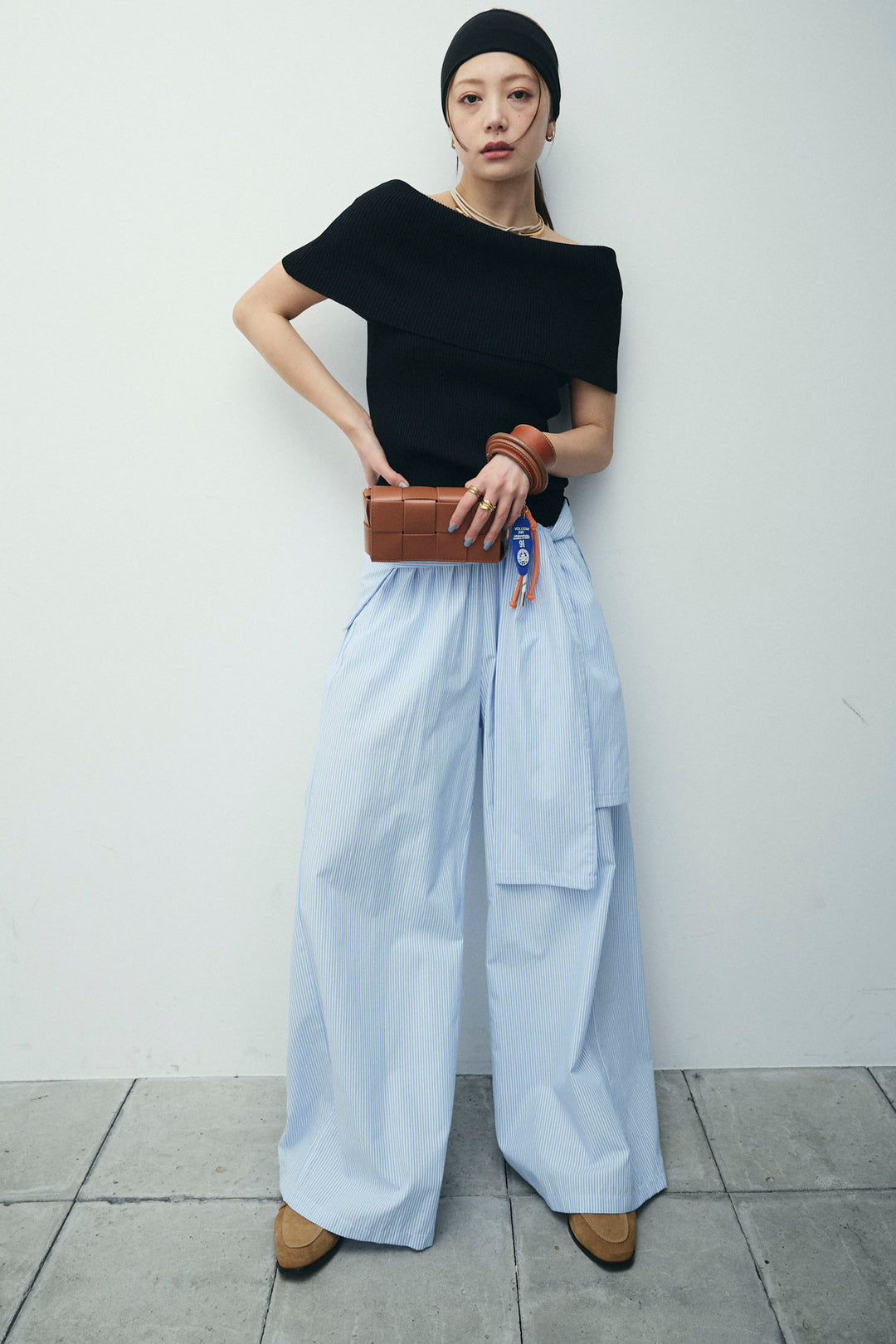 [予約/SET]リブオフショルプルオーバー+ウエスト巻きストライプワイドパンツ(2set)