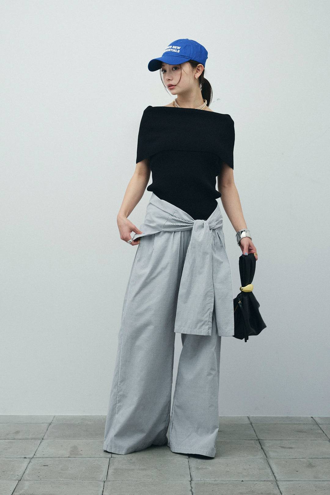 [予約/SET]リブオフショルプルオーバー+ウエスト巻きストライプワイドパンツ(2set)