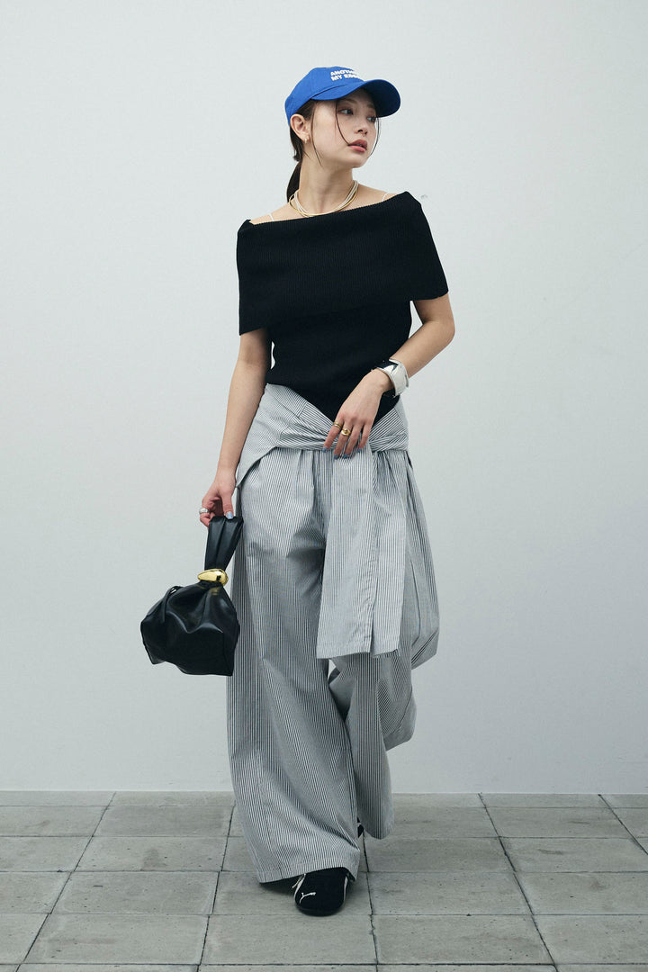 [予約/SET]リブオフショルプルオーバー+ウエスト巻きストライプワイドパンツ(2set)
