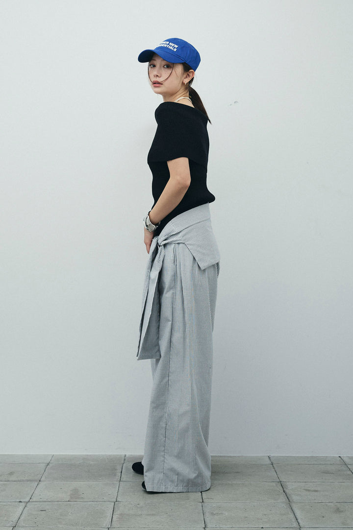 [予約/SET]リブオフショルプルオーバー+ウエスト巻きストライプワイドパンツ(2set)