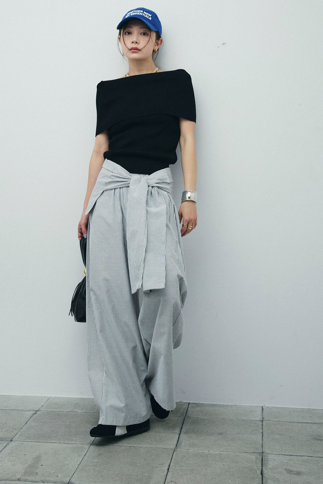 [予約/SET]リブオフショルプルオーバー+ウエスト巻きストライプワイドパンツ(2set)