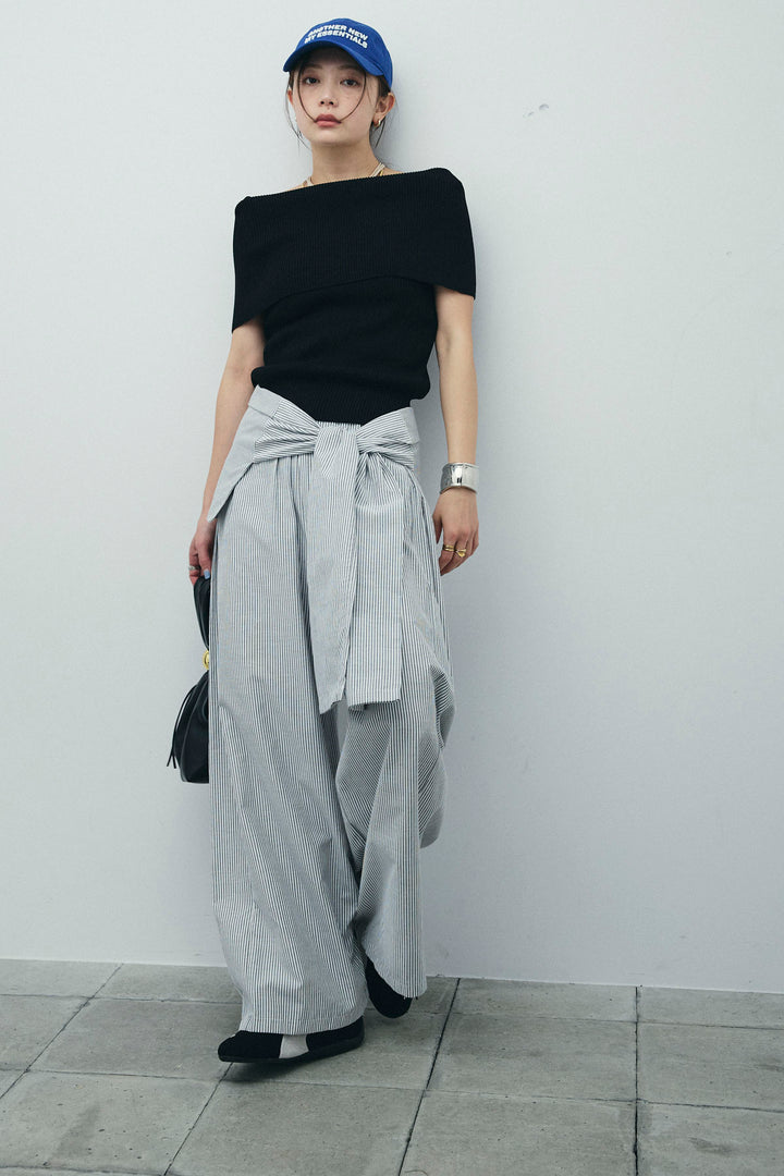 [予約/SET]リブオフショルプルオーバー+ウエスト巻きストライプワイドパンツ(2set)