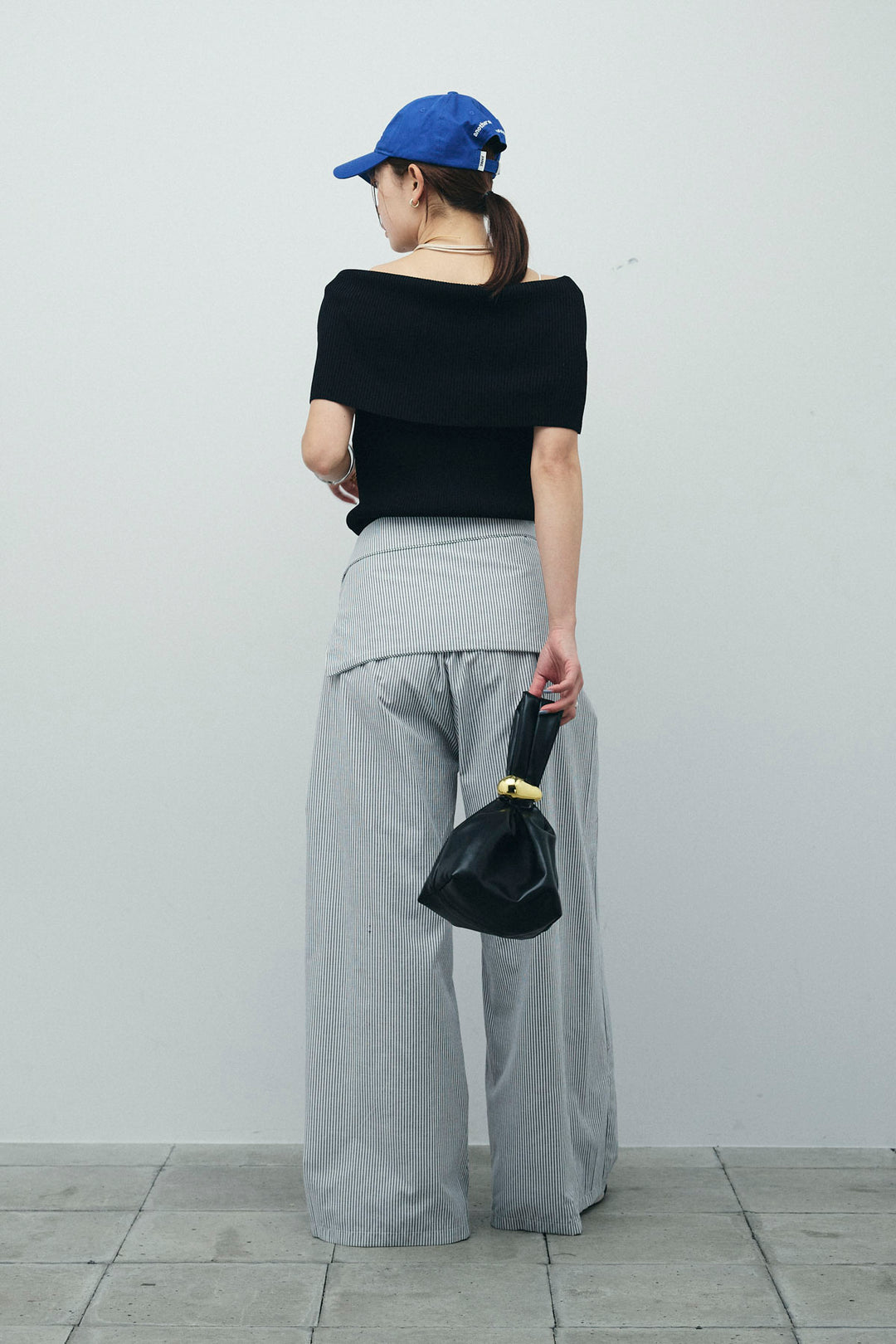 [予約/SET]リブオフショルプルオーバー+ウエスト巻きストライプワイドパンツ(2set)