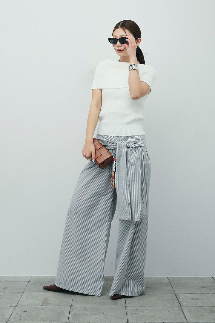 [予約/SET]リブオフショルプルオーバー+ウエスト巻きストライプワイドパンツ(2set)