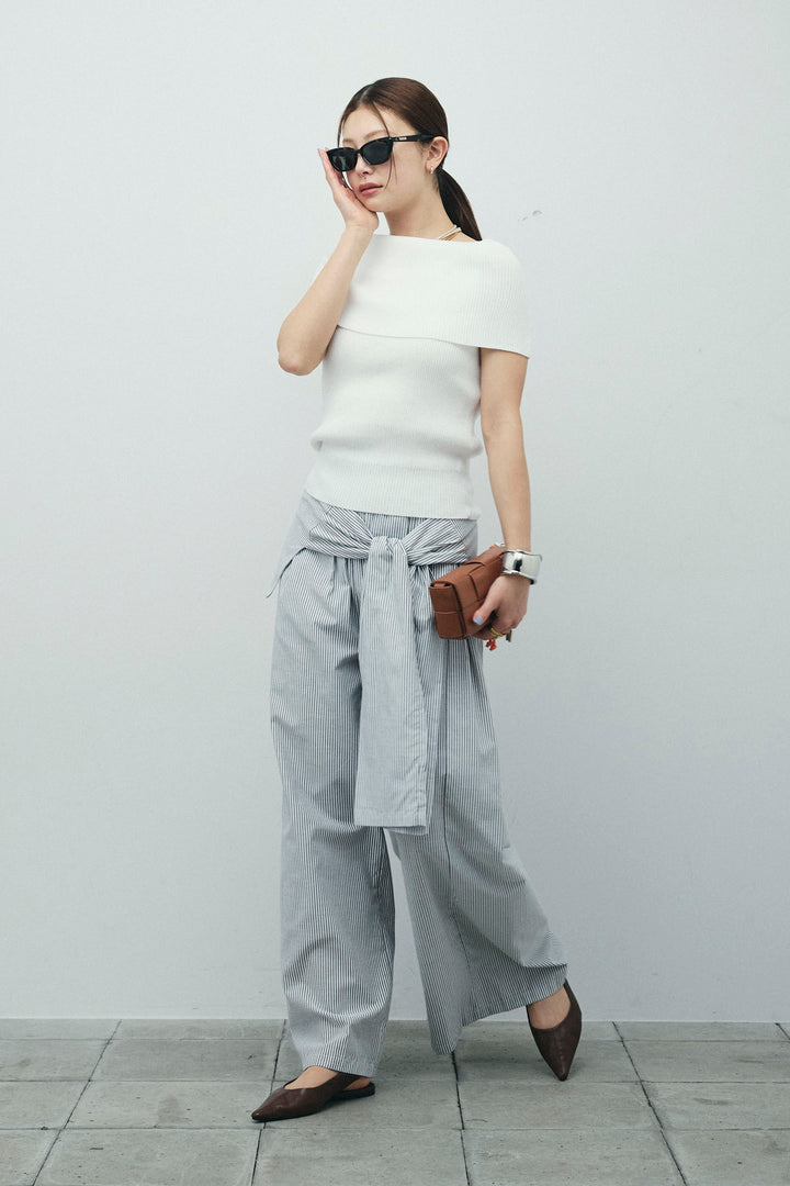 [予約/SET]リブオフショルプルオーバー+ウエスト巻きストライプワイドパンツ(2set)