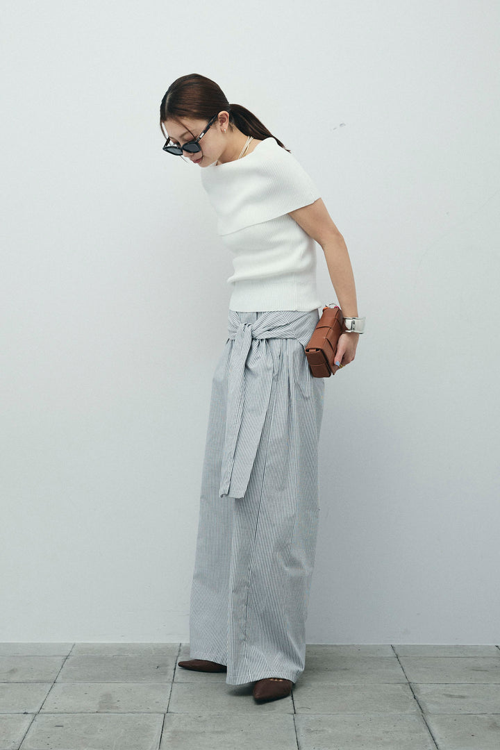 [予約/SET]リブオフショルプルオーバー+ウエスト巻きストライプワイドパンツ(2set)