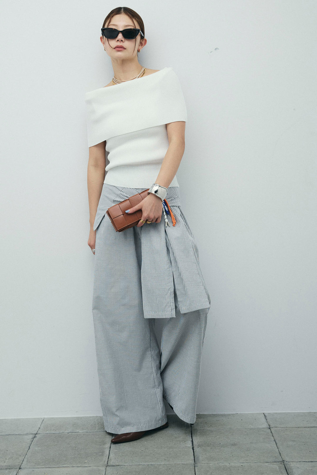 [予約/SET]リブオフショルプルオーバー+ウエスト巻きストライプワイドパンツ(2set)