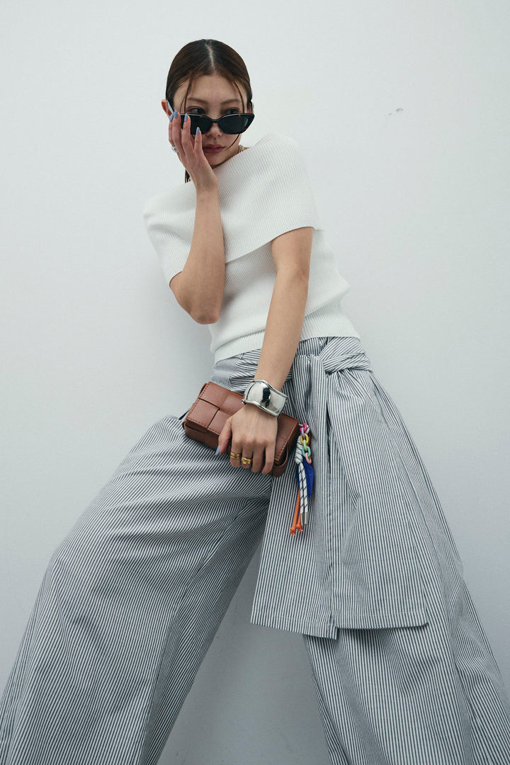 [予約/SET]リブオフショルプルオーバー+ウエスト巻きストライプワイドパンツ(2set)
