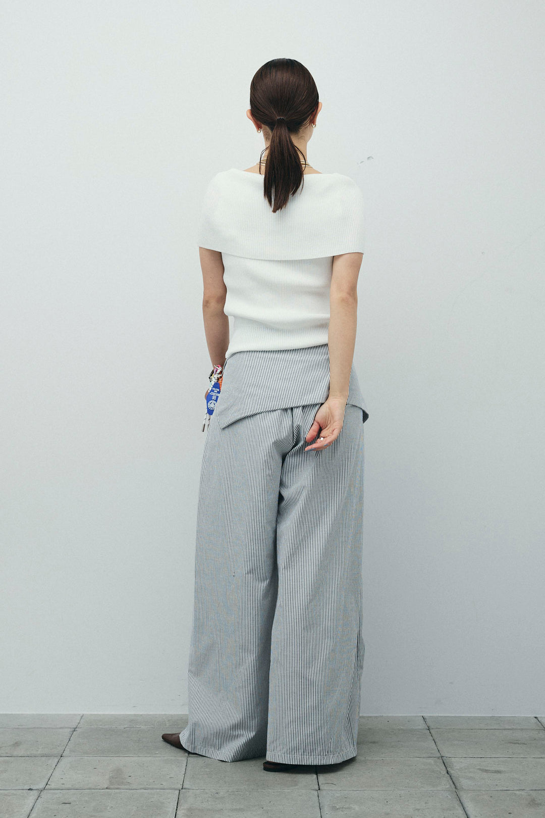 [予約/SET]リブオフショルプルオーバー+ウエスト巻きストライプワイドパンツ(2set)