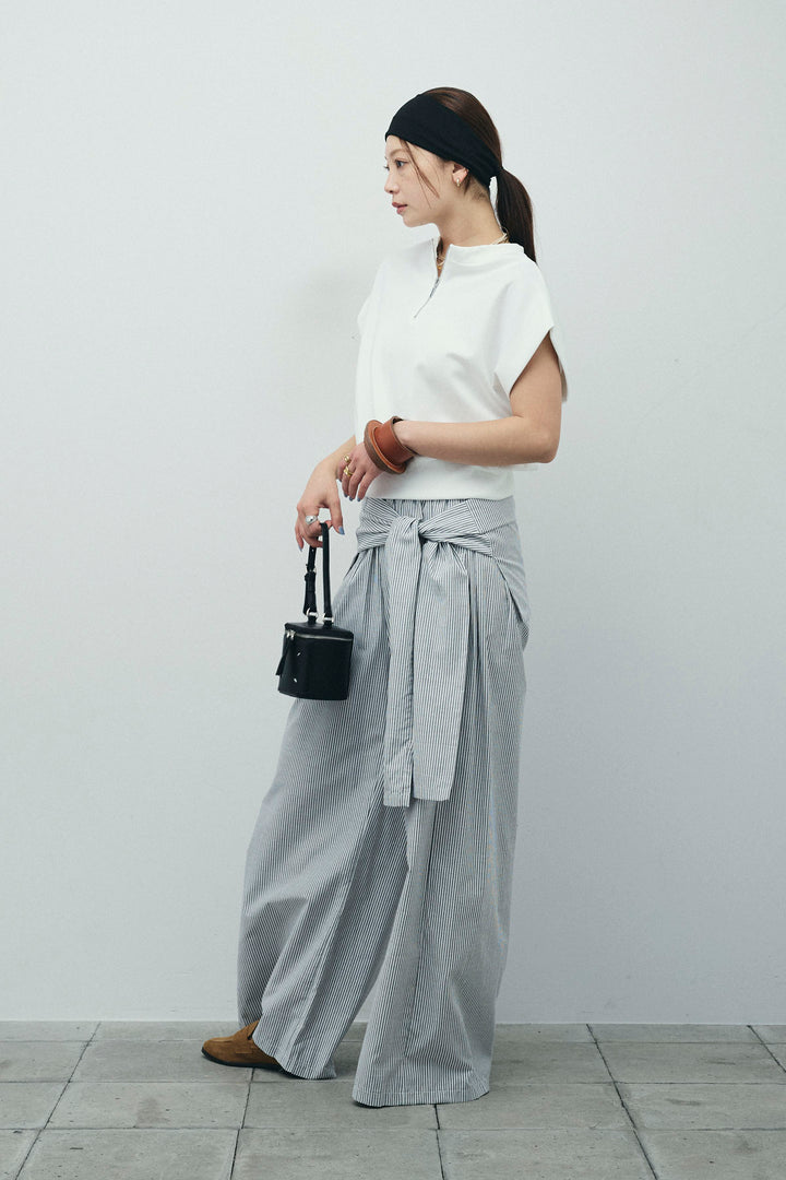 [予約/SET]前後2WAYポンチフレンチスリーブTシャツ+ウエスト巻きストライプワイドパンツ(2set)