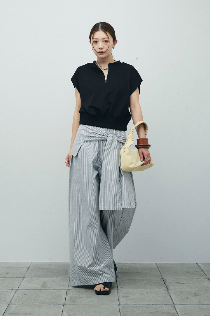 [予約/SET]前後2WAYポンチフレンチスリーブTシャツ+ウエスト巻きストライプワイドパンツ(2set)