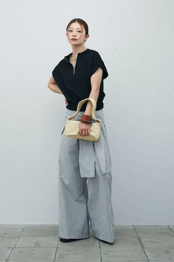 [予約/SET]前後2WAYポンチフレンチスリーブTシャツ+ウエスト巻きストライプワイドパンツ(2set)