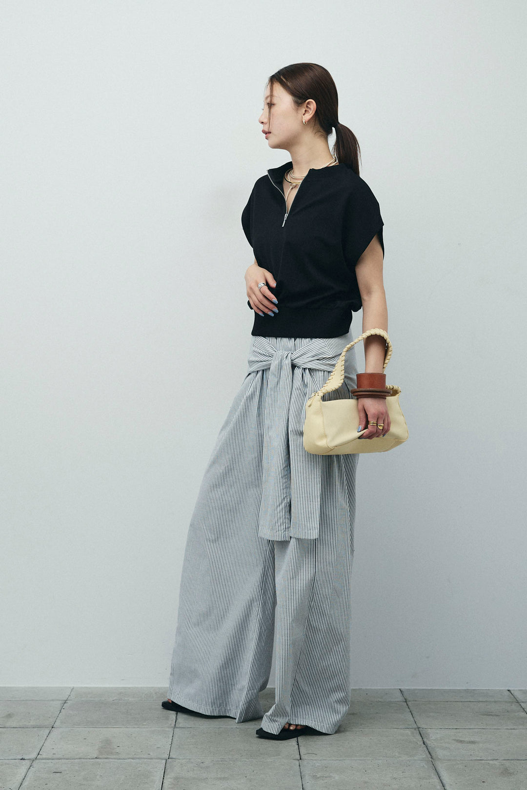 [予約/SET]前後2WAYポンチフレンチスリーブTシャツ+ウエスト巻きストライプワイドパンツ(2set)