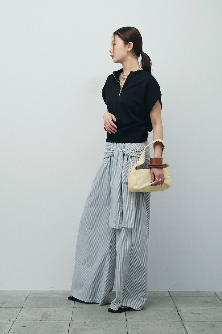 [予約/SET]前後2WAYポンチフレンチスリーブTシャツ+ウエスト巻きストライプワイドパンツ(2set)