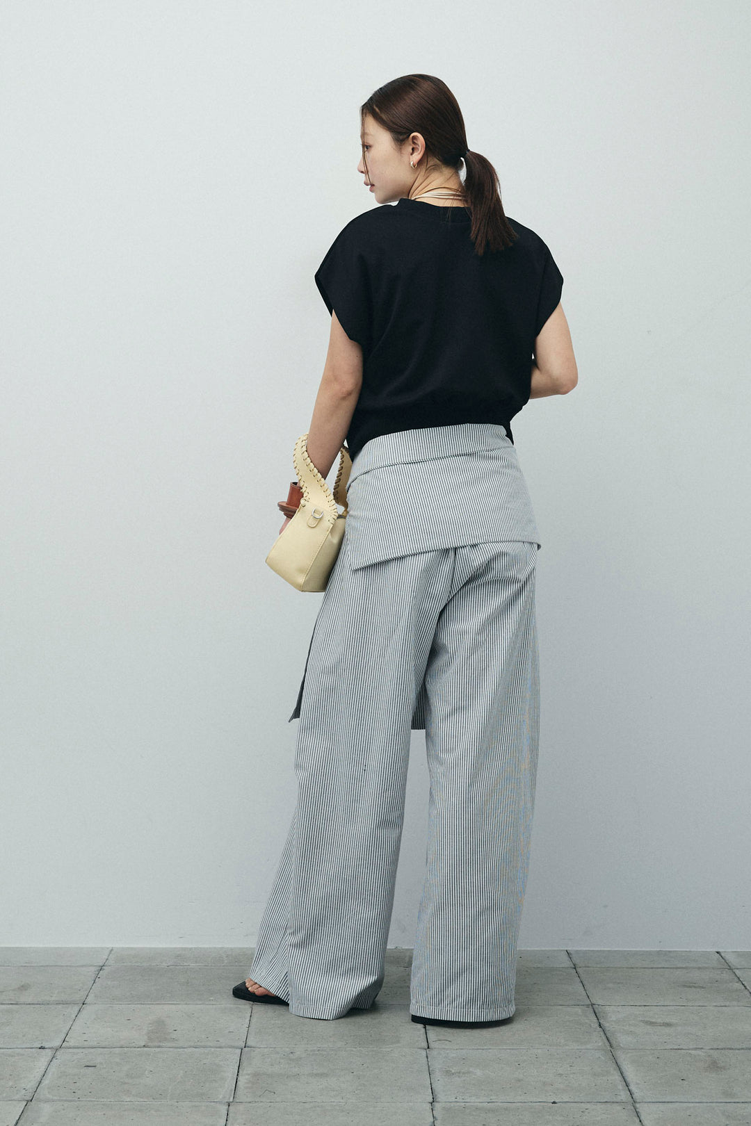 [予約/SET]前後2WAYポンチフレンチスリーブTシャツ+ウエスト巻きストライプワイドパンツ(2set)