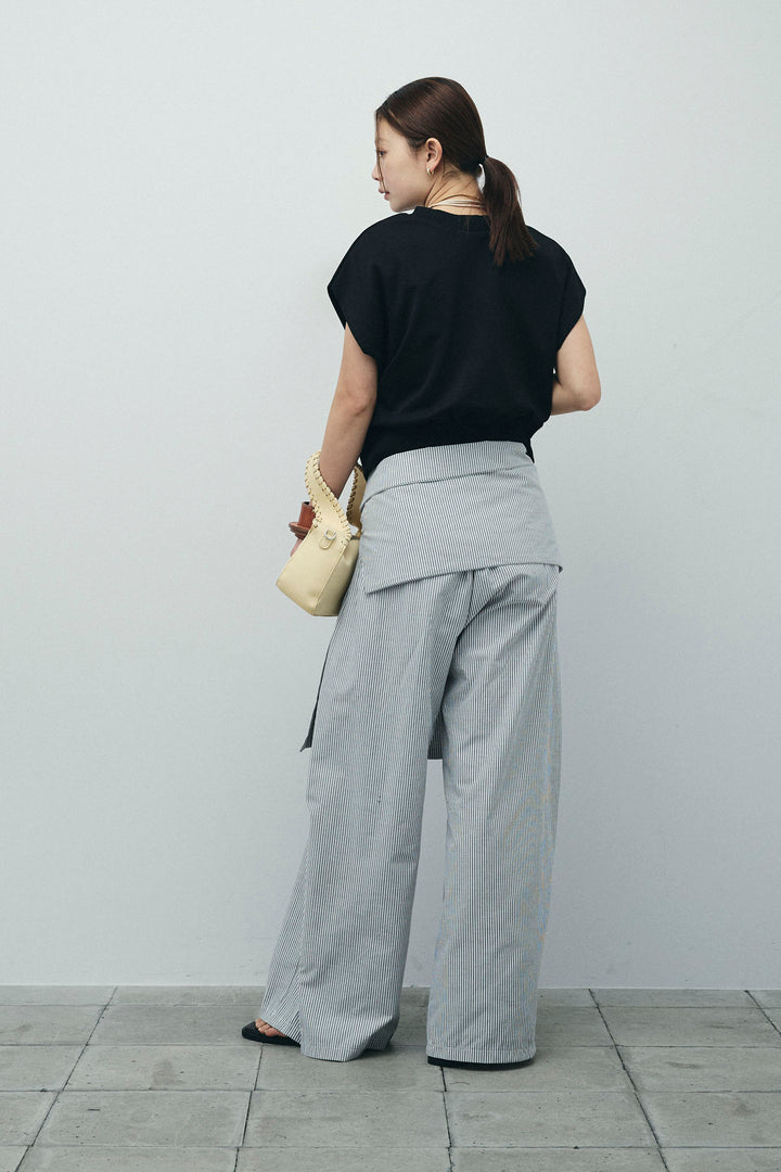 [予約/SET]前後2WAYポンチフレンチスリーブTシャツ+ウエスト巻きストライプワイドパンツ(2set)