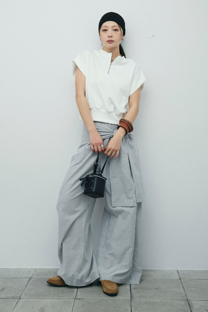 [予約/SET]前後2WAYポンチフレンチスリーブTシャツ+ウエスト巻きストライプワイドパンツ(2set)