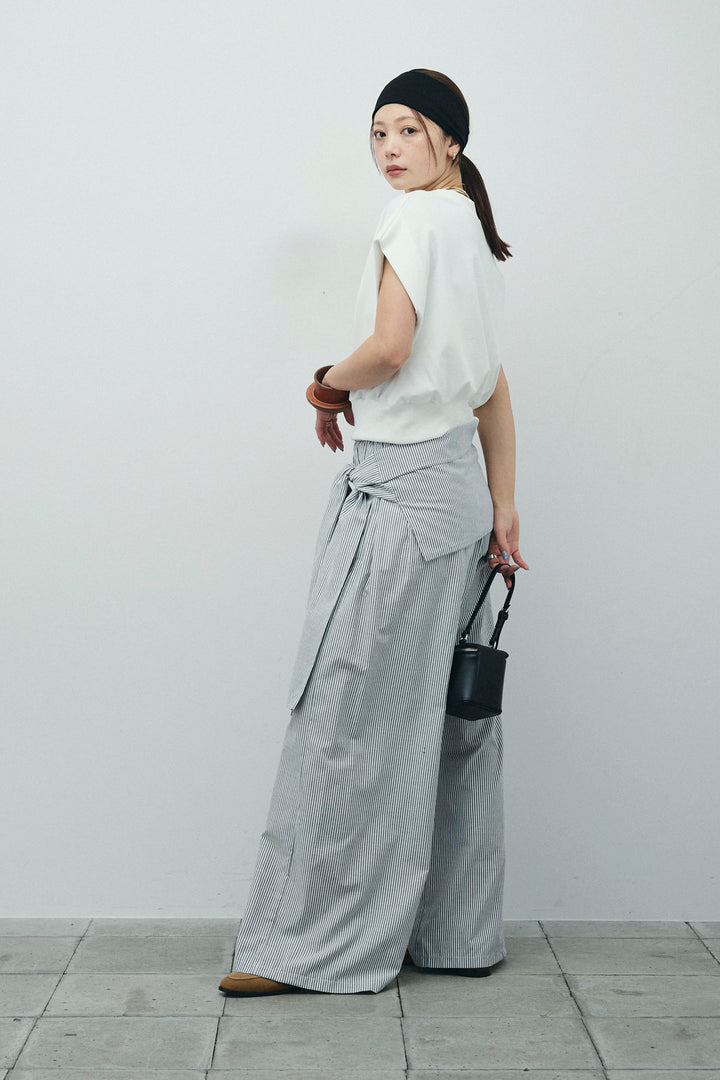 [予約/SET]前後2WAYポンチフレンチスリーブTシャツ+ウエスト巻きストライプワイドパンツ(2set)