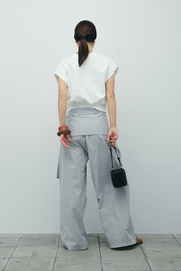 [予約/SET]前後2WAYポンチフレンチスリーブTシャツ+ウエスト巻きストライプワイドパンツ(2set)