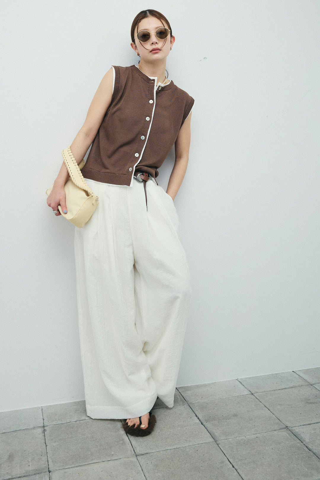 [予約/SET]配色リネンタッチニットベスト+とろみワイドパンツ(2set)