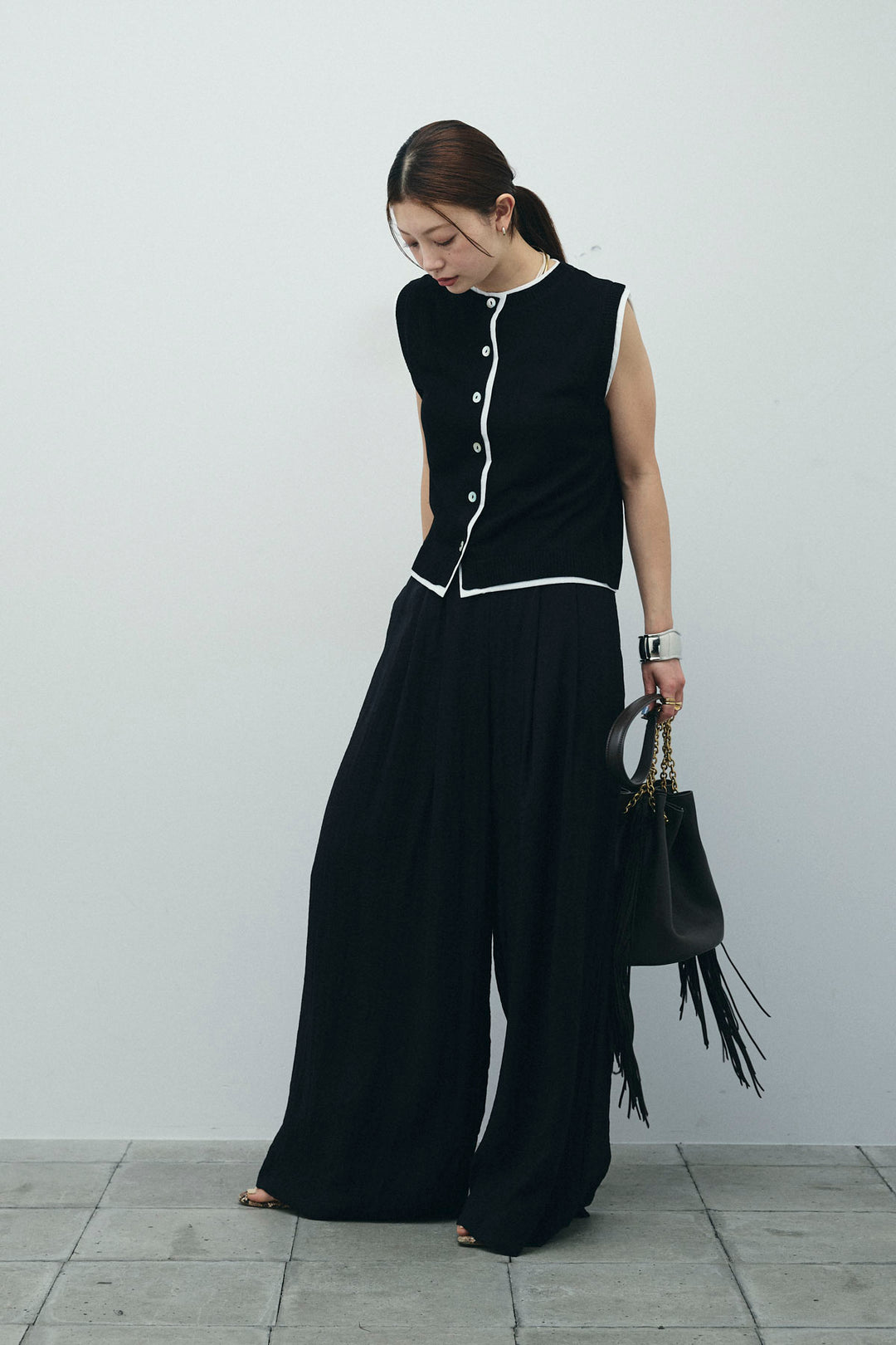 [予約/SET]配色リネンタッチニットベスト+とろみワイドパンツ(2set)