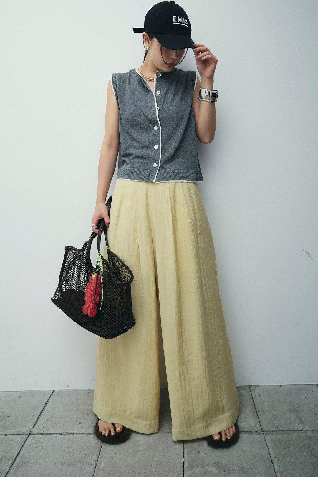 [予約/SET]配色リネンタッチニットベスト+とろみワイドパンツ(2set)