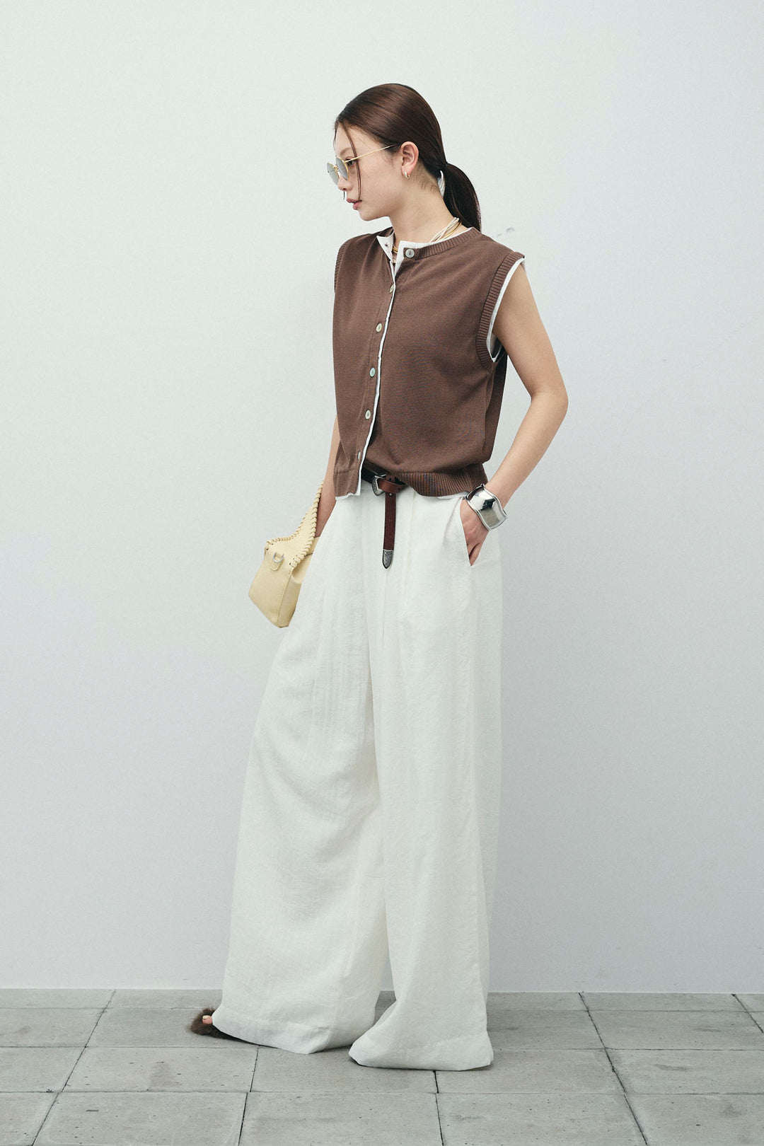 [予約/SET]配色リネンタッチニットベスト+とろみワイドパンツ(2set)