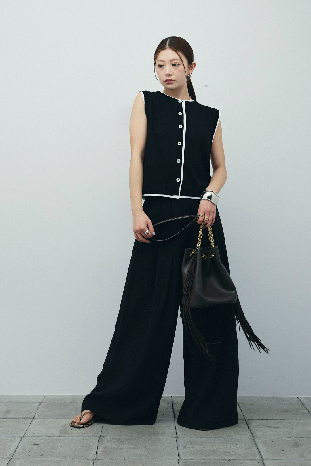 [予約/SET]配色リネンタッチニットベスト+とろみワイドパンツ(2set)