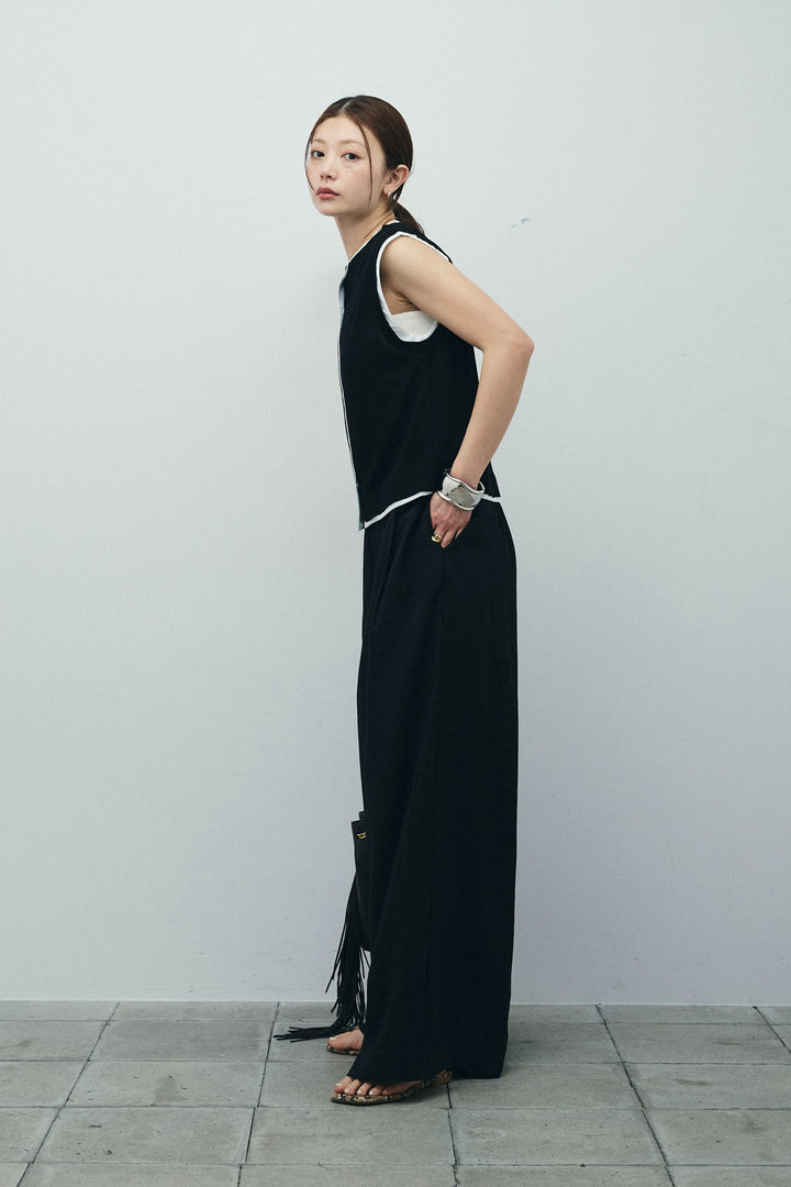 [予約/SET]配色リネンタッチニットベスト+とろみワイドパンツ(2set)
