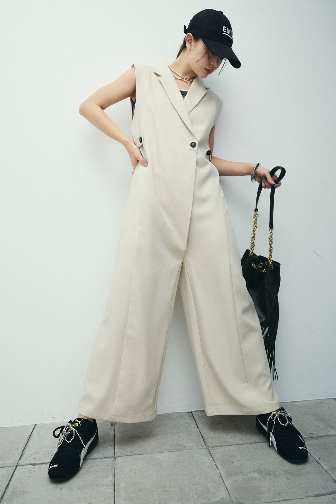 [予約/SET]ウエストデザインスリーブレスジャンプスーツ+テレコベーシックタンク+テレコベーシックタンク(3set)