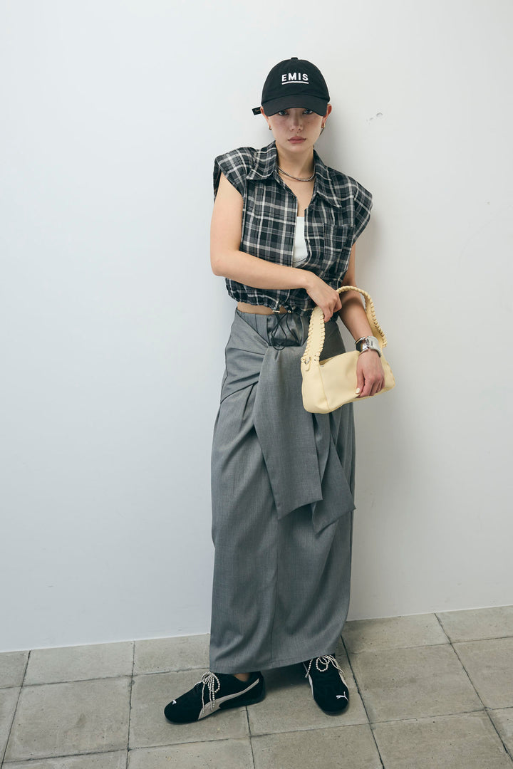 [予約/SET]シアーチェックショート丈ブラウス+フロントクロスタイトスカート(2set)